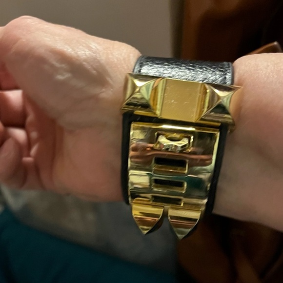 Hermes Collier de Chien leather cuff bracelet noir w/gold hardware fits 6” wrist - Picture 15 of 16